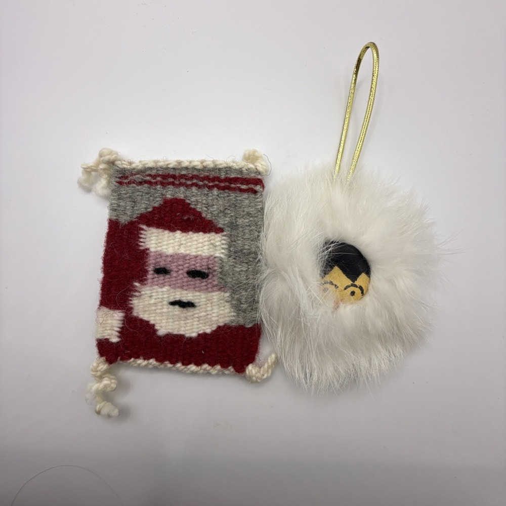 Alaska Artisan Hand Crafted Leather Fur Eskimo Ornament & Woven Santa Blanket